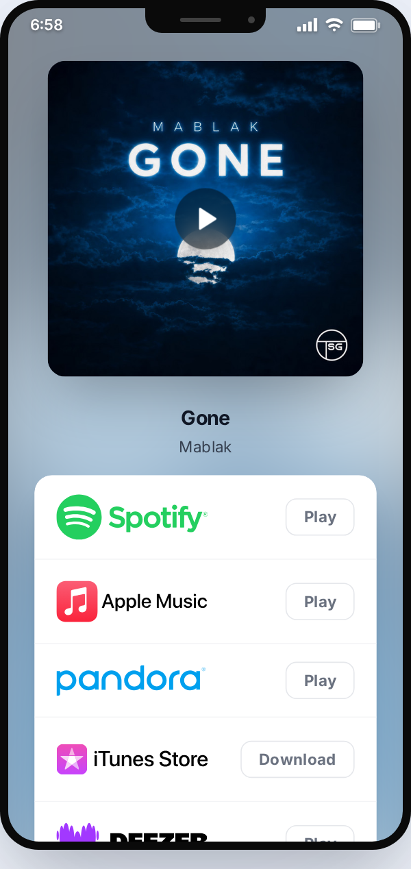 Public Music Link for Mablak's Gone, showing artwork and music services inside the Studio phone preview